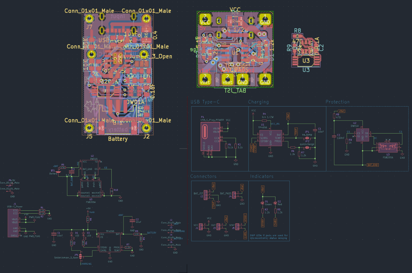 Comparison of two PCB designs, the one on the left is older, the schematic is an absolute mess and the PCB is a bit larger. The right redesign is a smaller square, and has a very nicely organized schema